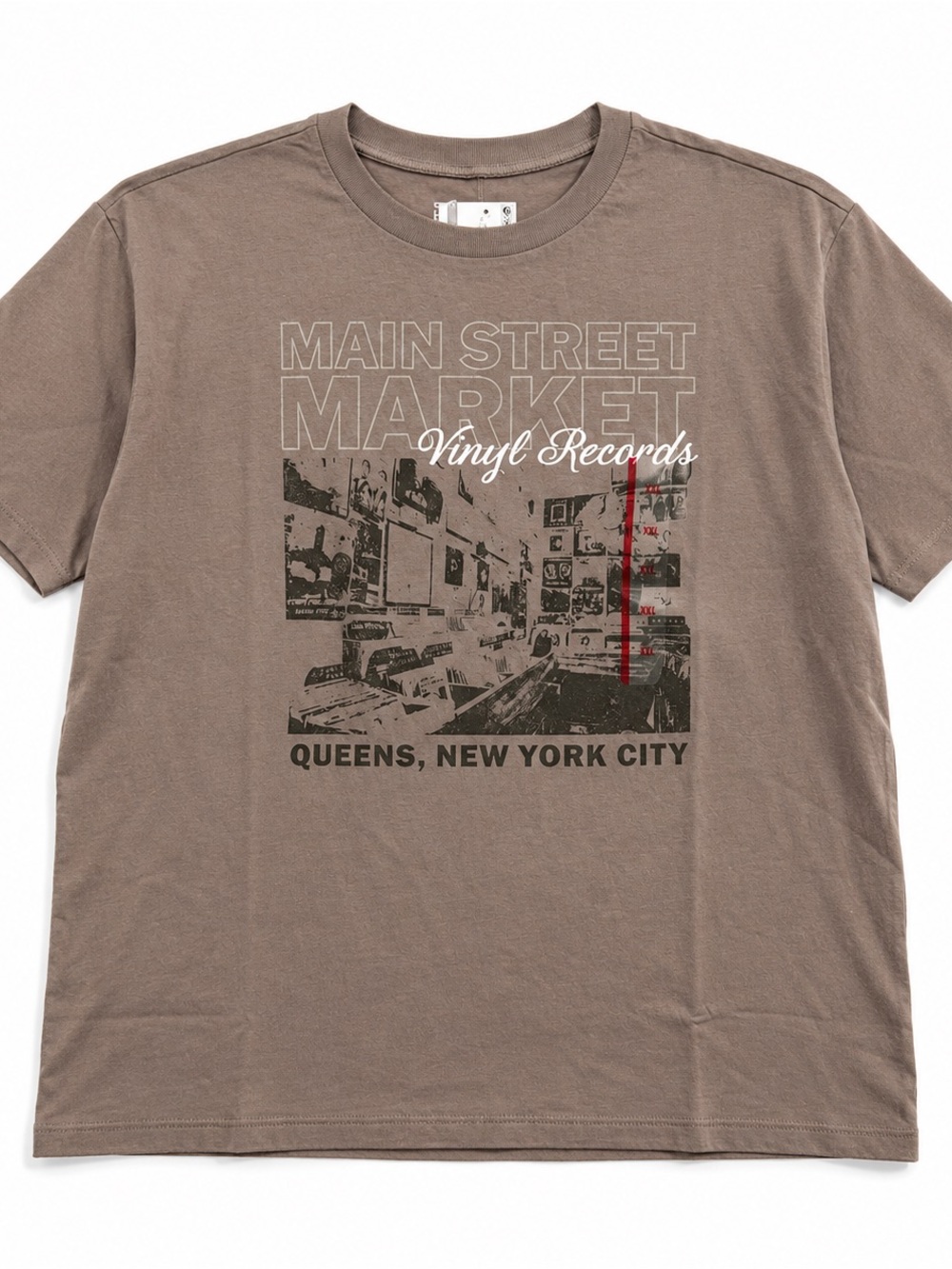 DOE Main Street Market Vinyl Records Graphic T-Shirt XL Taupe NYC Oversized Tee